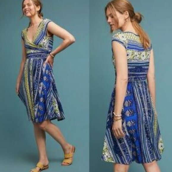 Anthropologie Maeve Small Tamera surplus cap sleeve blue yellow dress $75 - Picture 3 of 10